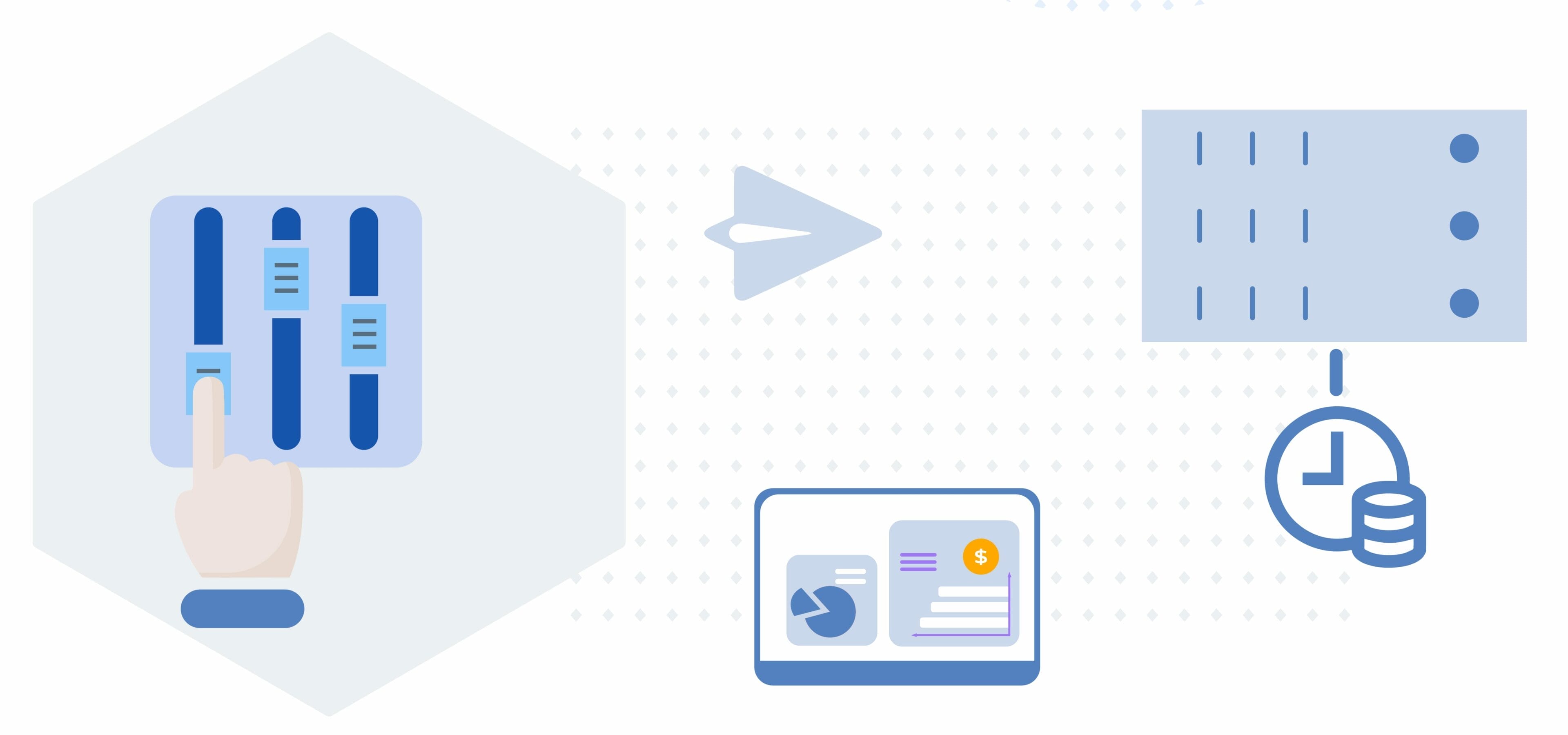A hand adjusts sliders on a control panel inside a hexagon. An arrow points to a schedule icon linked to a clock and stack of coins. Below, a laptop displays graphs and a dollar symbol. The design uses shades of blue and gray on a light dotted background.