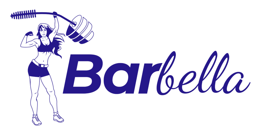 Logo of "Barbella" in dark blue features a muscular woman flexing her arm, holding a barbell with weights overhead. She wears shorts and sneakers. The word "Barbella" is styled with "Bar" in bold and "bella" in cursive script.