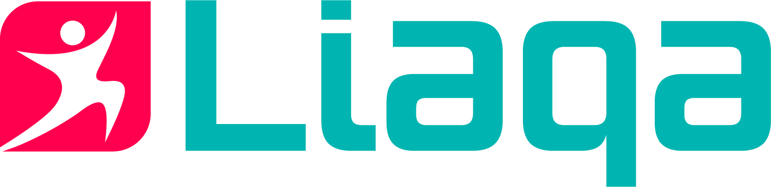 Logo with the word "Liaqa" in teal blue. The "L" is uppercase, followed by lowercase letters. A stylized figure with arms raised is embedded in a pink square to the left of the text, suggesting activity or movement. The overall design is modern and dynamic.