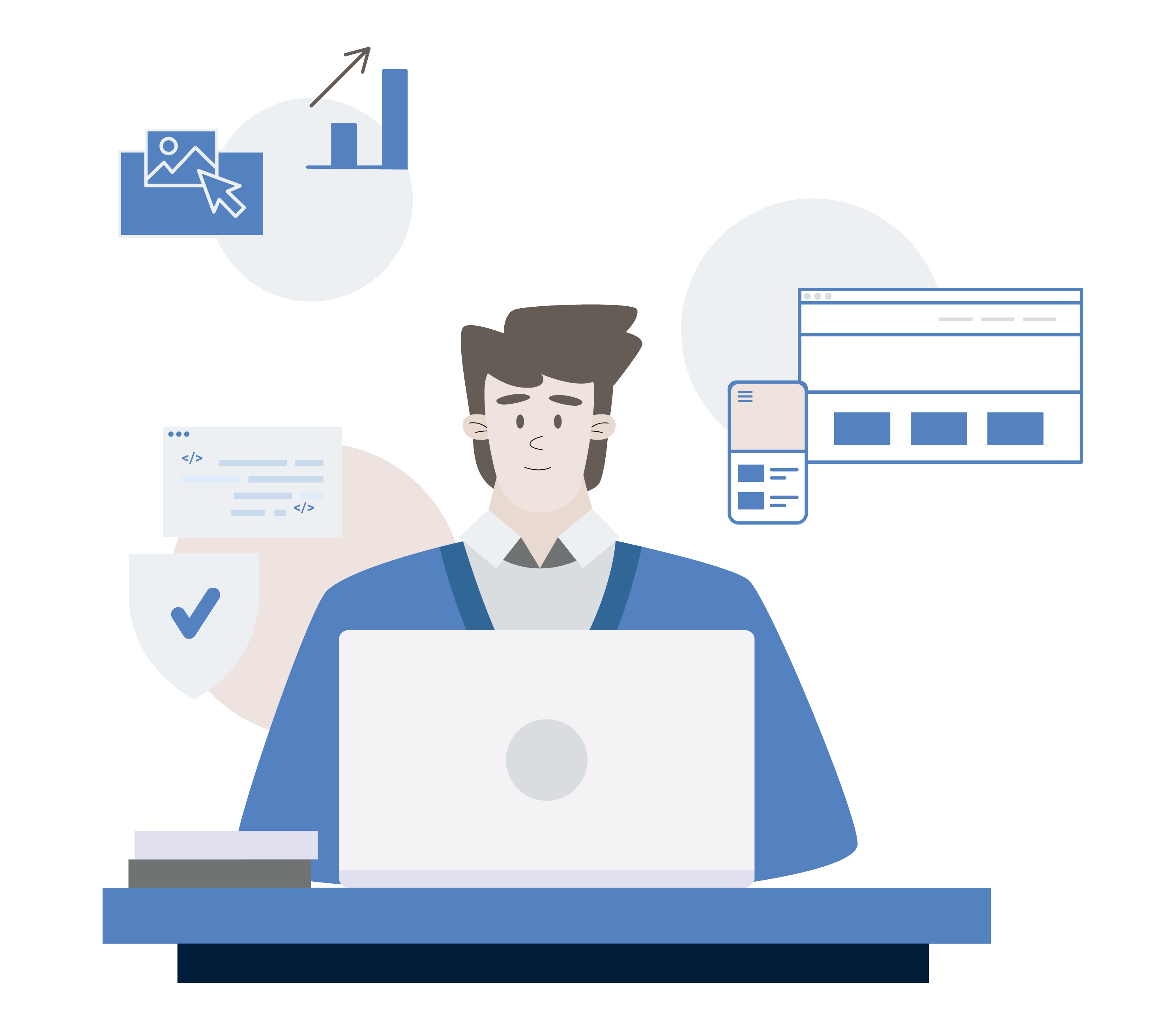 Illustration of a person sitting at a desk with a laptop, surrounded by icons. There's a bar chart, image with a cursor, code snippet, a checkmark on a shield, and a web browser window. The person appears focused, wearing a blue sweater over a white shirt.
