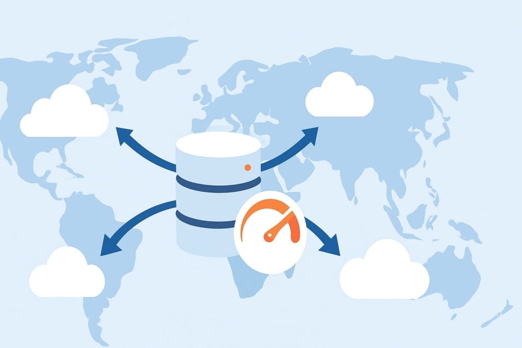 Illustration of a stylized world map with a central computer server icon. Blue arrows extend from the server to three cloud icons, indicating data exchange. A speedometer icon is in the foreground, symbolizing performance or speed. The background is light blue.