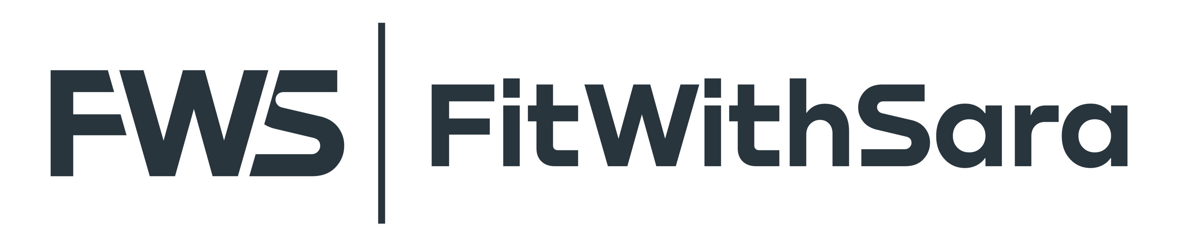 Logo with bold, dark text. On the left, the initials "FWS" appear in a modern, stylized font, separated by a vertical line from the words "FitWithSara" in a clean, sans-serif typeface on the right, all on a transparent background.